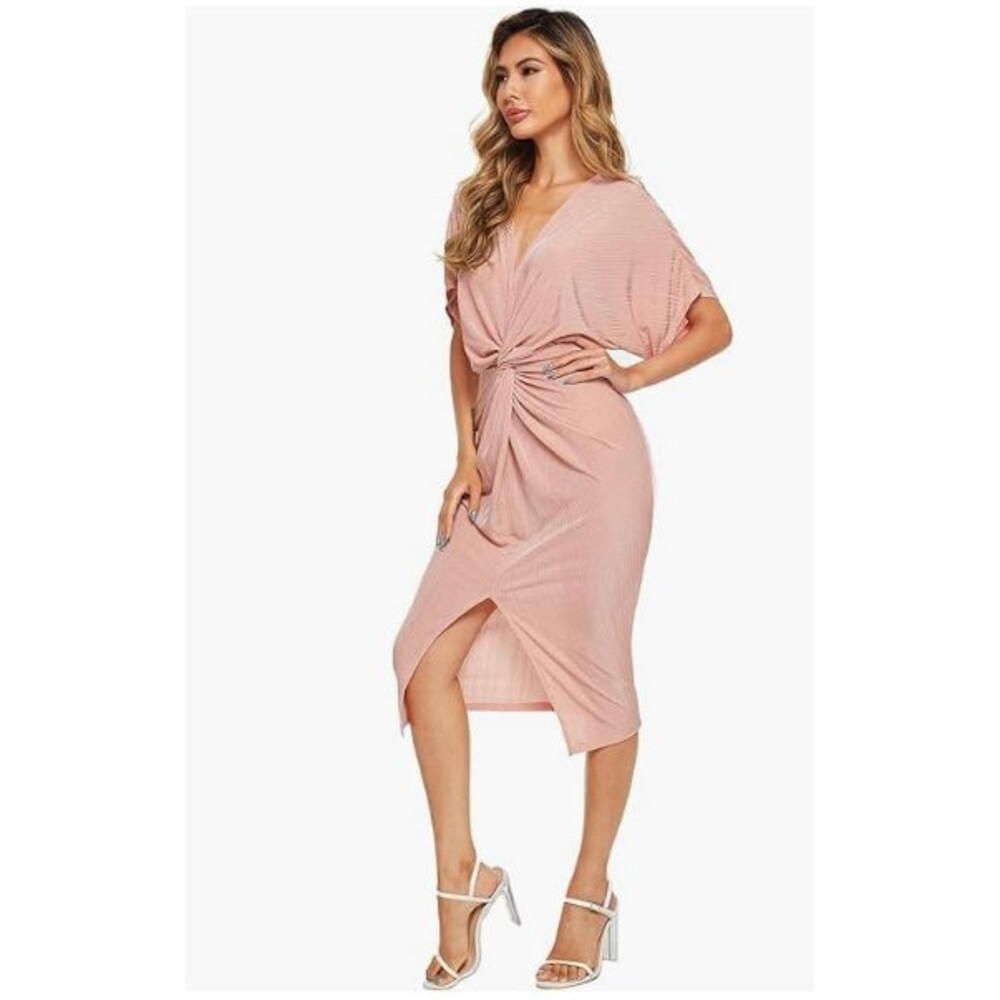 Floerns Women's Short Sleeve V Neck Twist Front Split Midi Dress